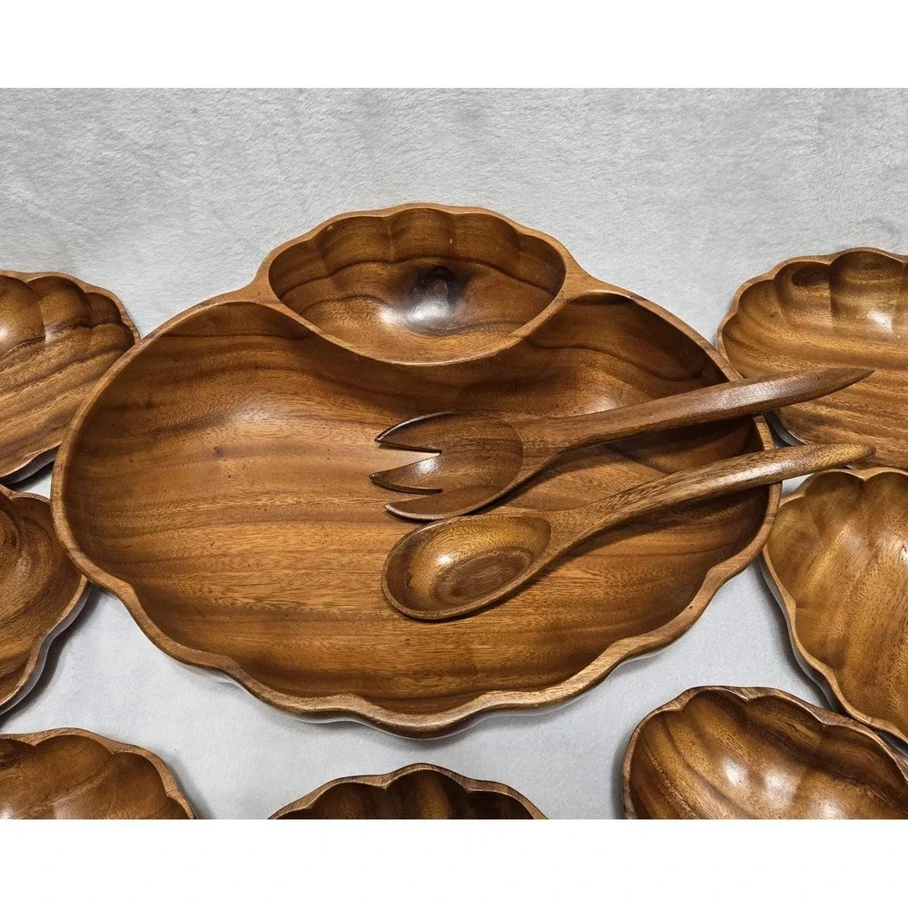 Vintage MCM Tiki Hawaiian Serving Bowl Set Teak Wood Shell‎ Shape Utensils 11 Pc